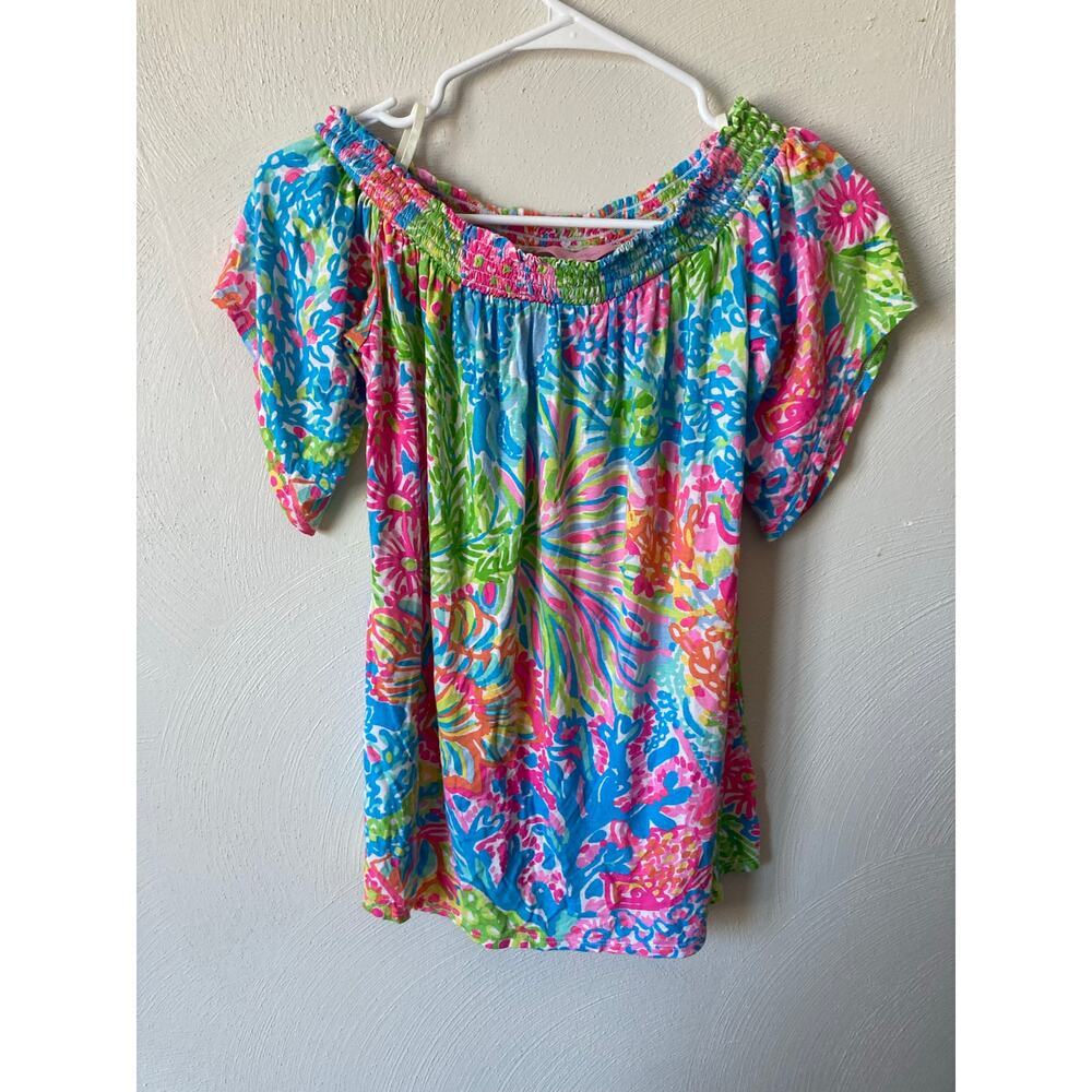 EUC Lilly Pulitzer Almeria Lovers Coral Stretch Off the Shoulder Top Bright XS - Picture 6 of 13